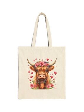 Floral Highland Cow Canvas Tote - Cream